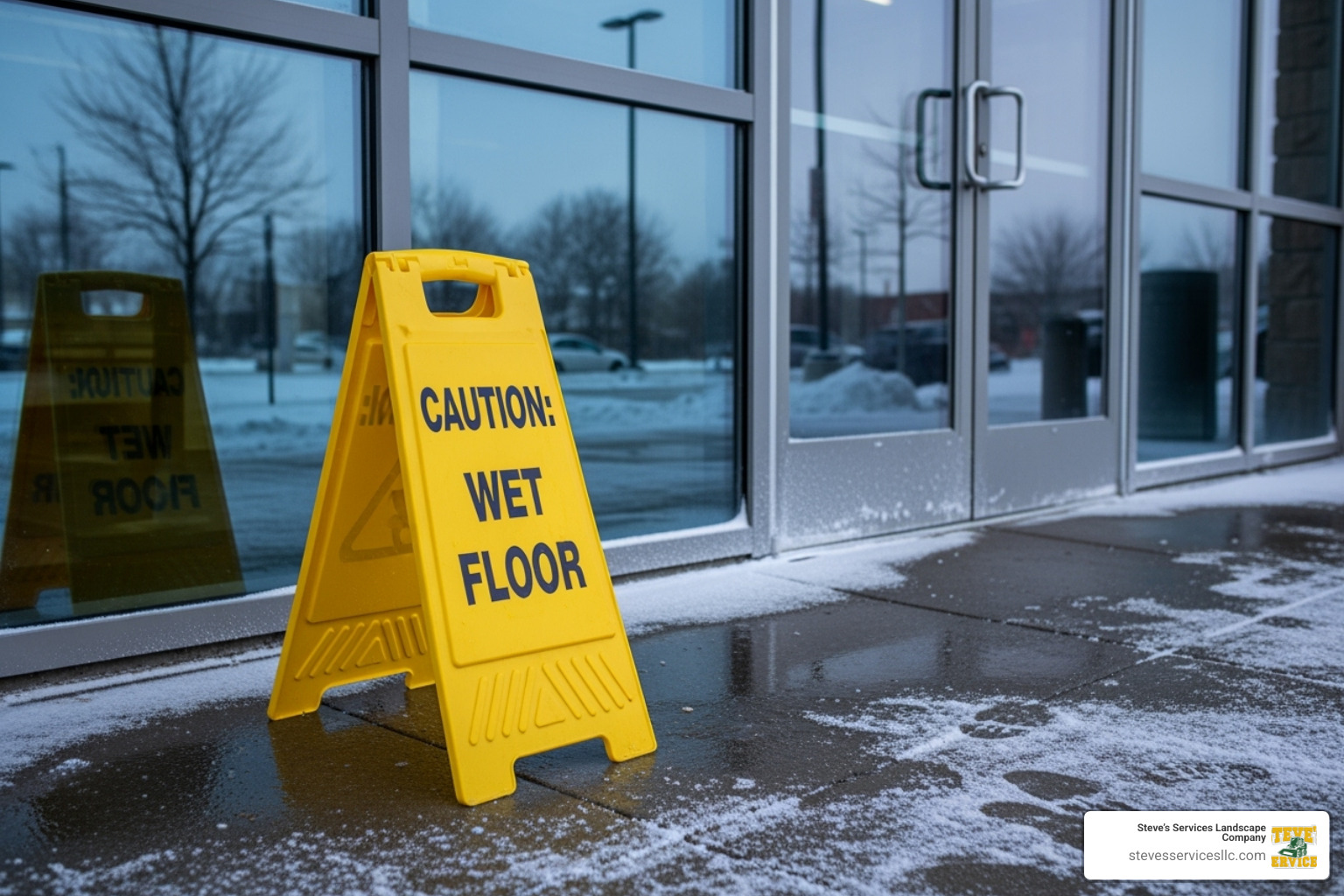 Caution: Wet Floor sign near a commercial building entrance in winter - snow removal commercial contracts