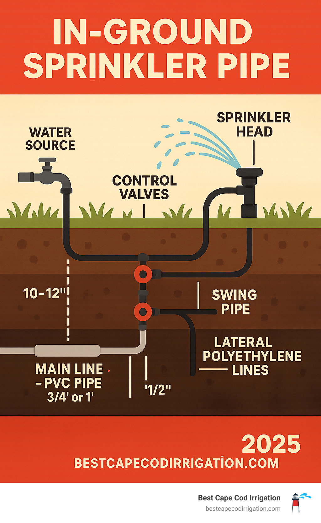 Infographic showing the components of an in-ground sprinkler system from water source through main line PVC pipe, control valves, lateral polyethylene lines, swing pipe connectors, and sprinkler heads, with typical burial depths and pipe sizes labeled - in ground sprinkler pipe infographic 