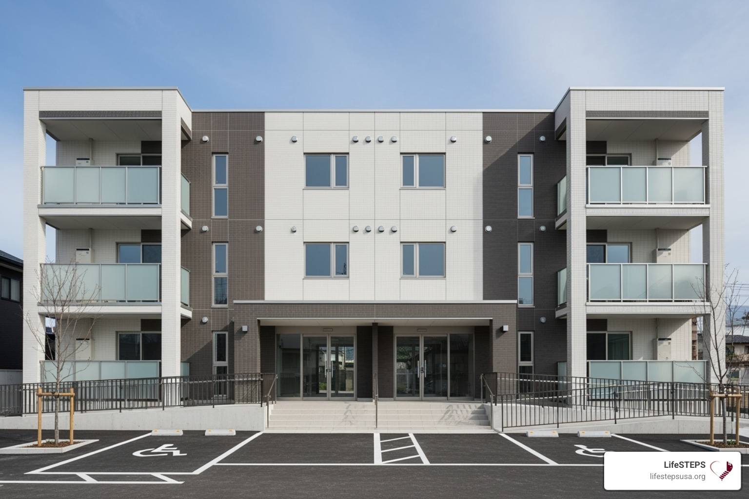 modern, accessible apartment building exterior - assisted living for low income disabled adults