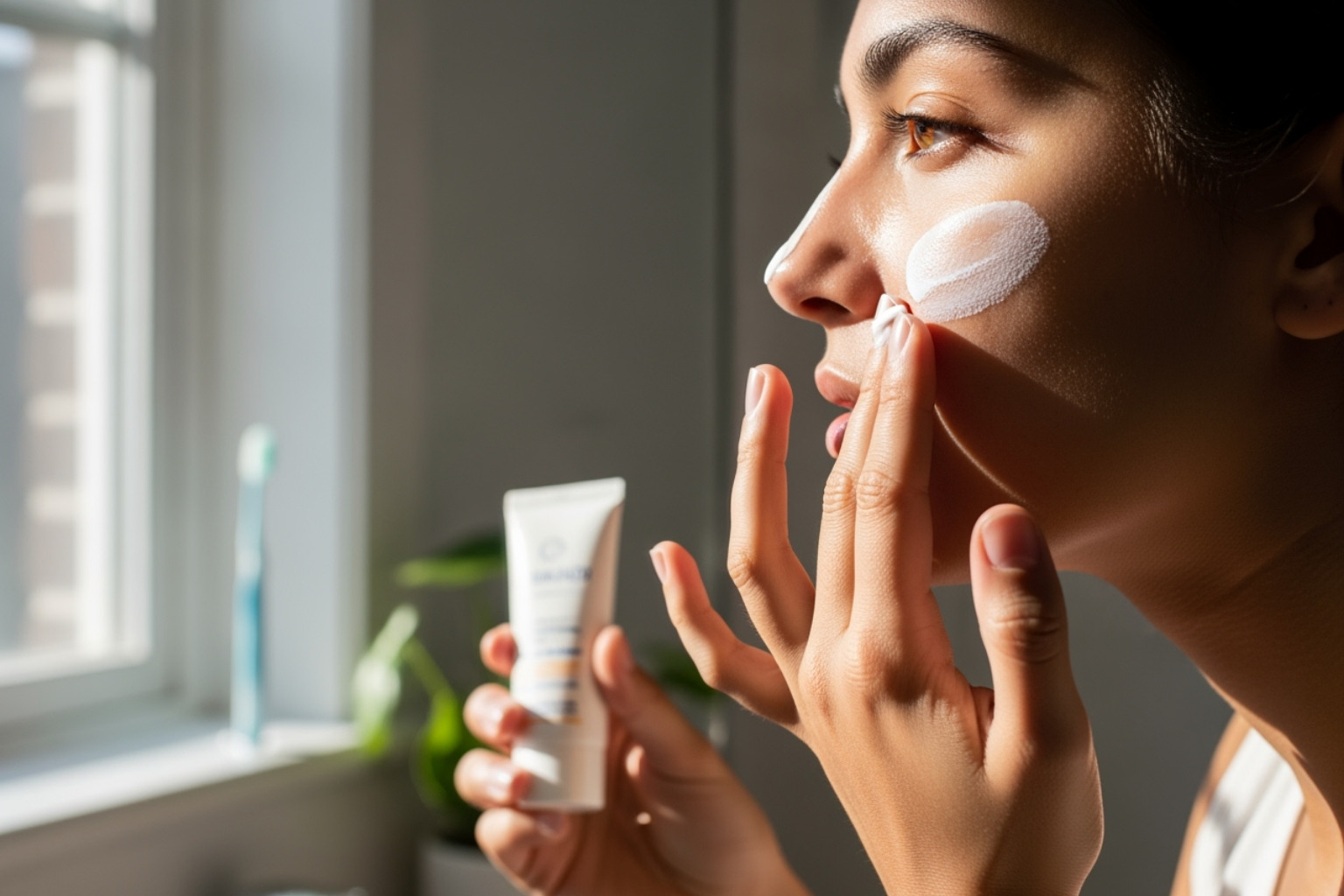 Person applying sunscreen - product that shrinks pores Person applying sunscreen - product that shrinks pores