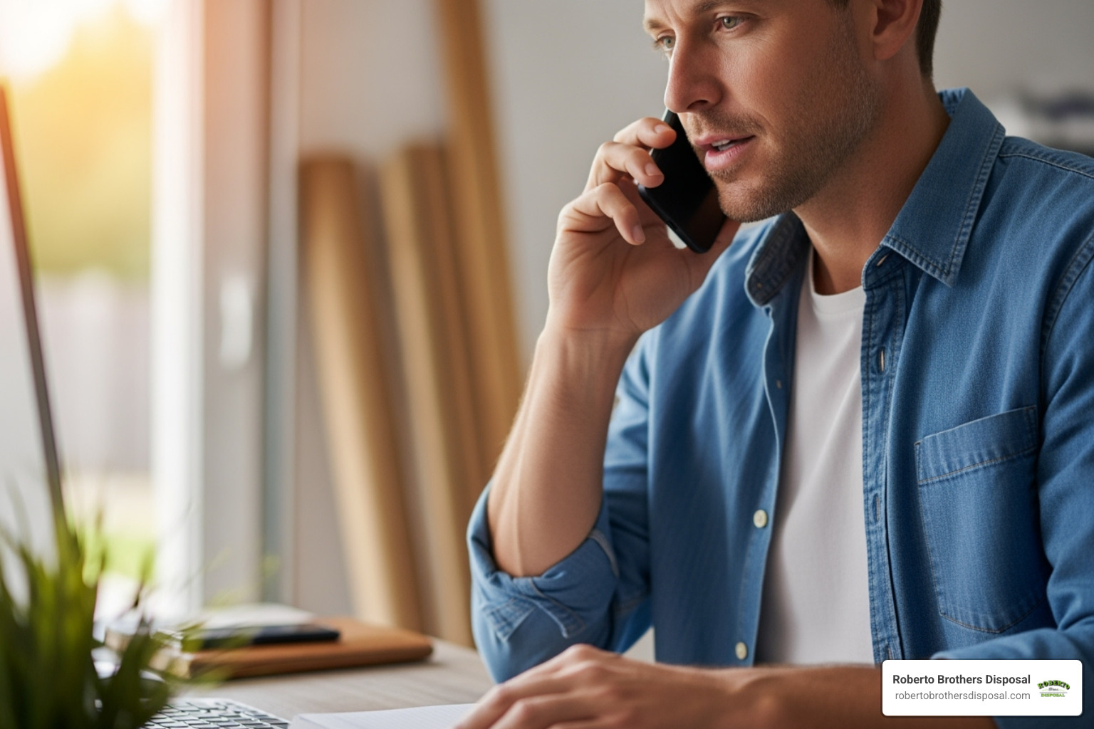 Person on the phone getting a dumpster rental quote - cost to rent a dumpster for a month Person on the phone getting a dumpster rental quote - cost to rent a dumpster for a month