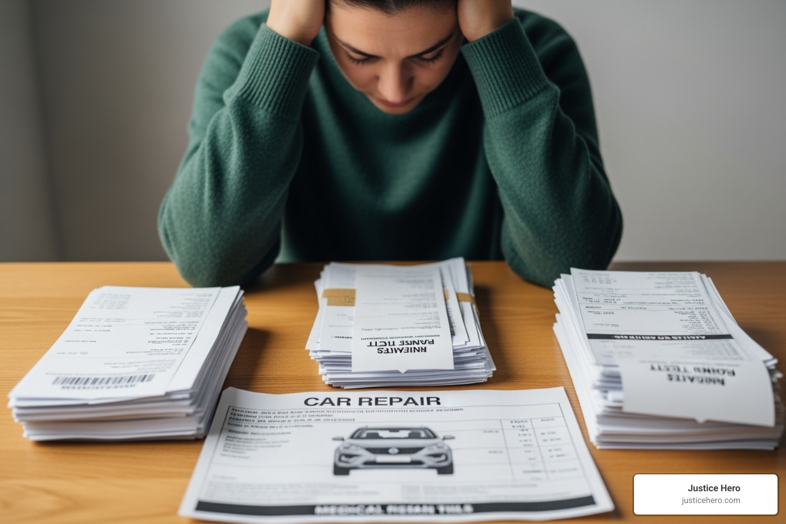 person looking stressed while reviewing medical bills and car repair estimates - minor car accident lawsuit person looking stressed while reviewing medical bills and car repair estimates - minor car accident lawsuit