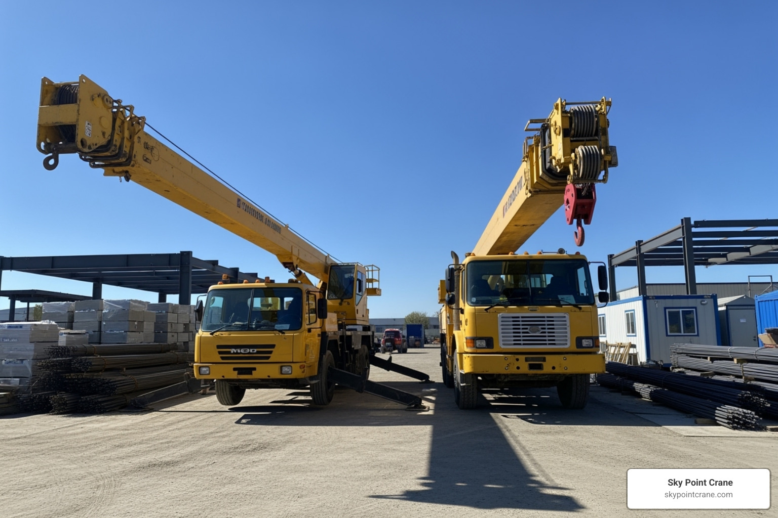 Image of a telescopic boom truck next to an articulating one - rent a boom truck near me