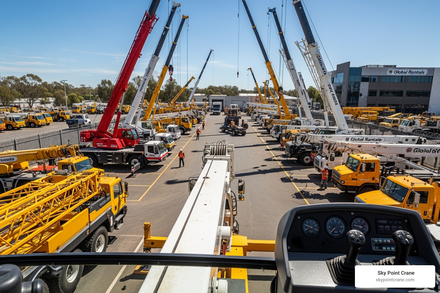 Image of a well-maintained rental yard with various cranes - rent a boom truck near me