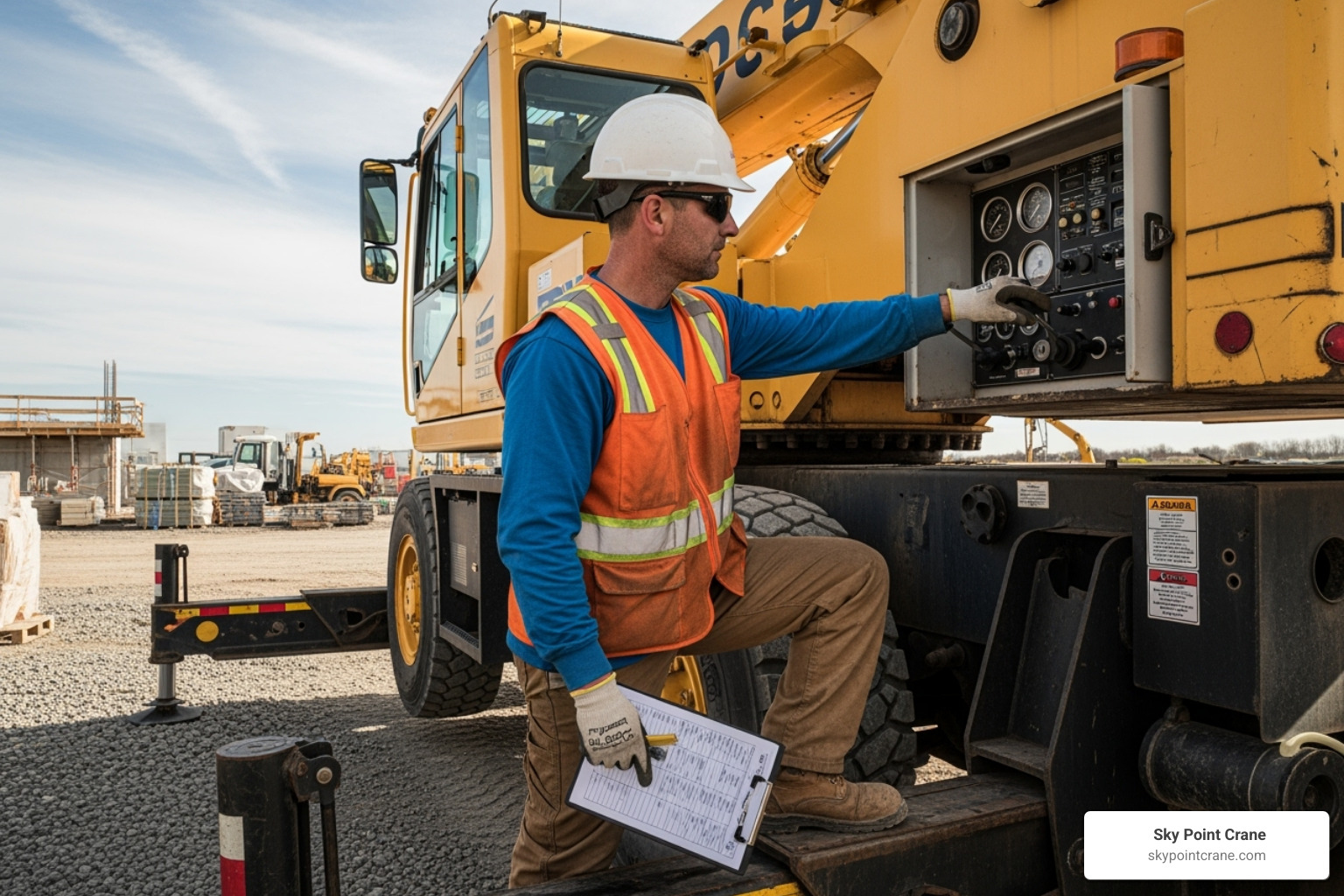 Image of an operator conducting a pre-lift safety check - rent a boom truck near me