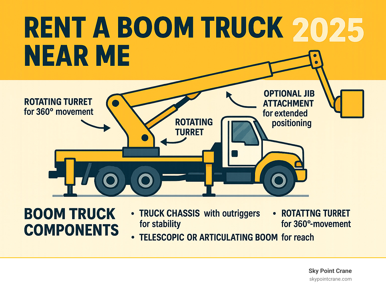 Infographic showing boom truck components including truck chassis with outriggers for stability, rotating turret for 360-degree movement, telescopic or articulating boom for reach, and optional jib attachment for extended positioning capabilities - rent a boom truck near me infographic 
