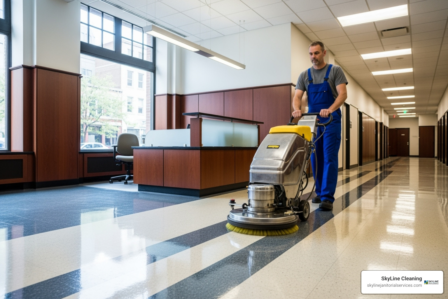 cleaner using a floor buffer in a commercial space - janitors and building cleaners