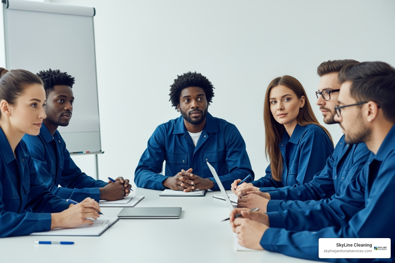 diverse team of janitors in a meeting - janitors and building cleaners