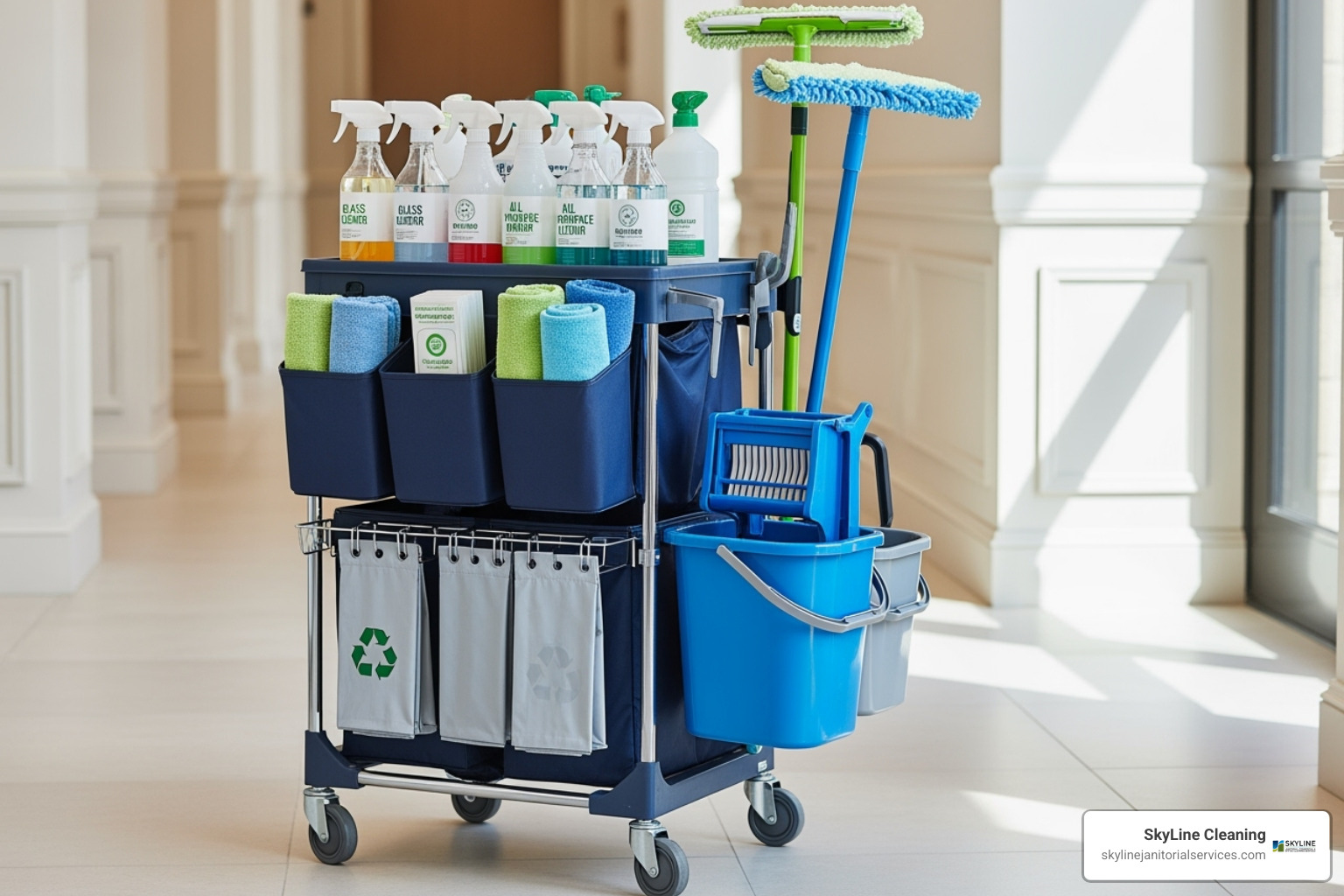 janitor's cart with organized, eco-friendly cleaning supplies - janitors and building cleaners