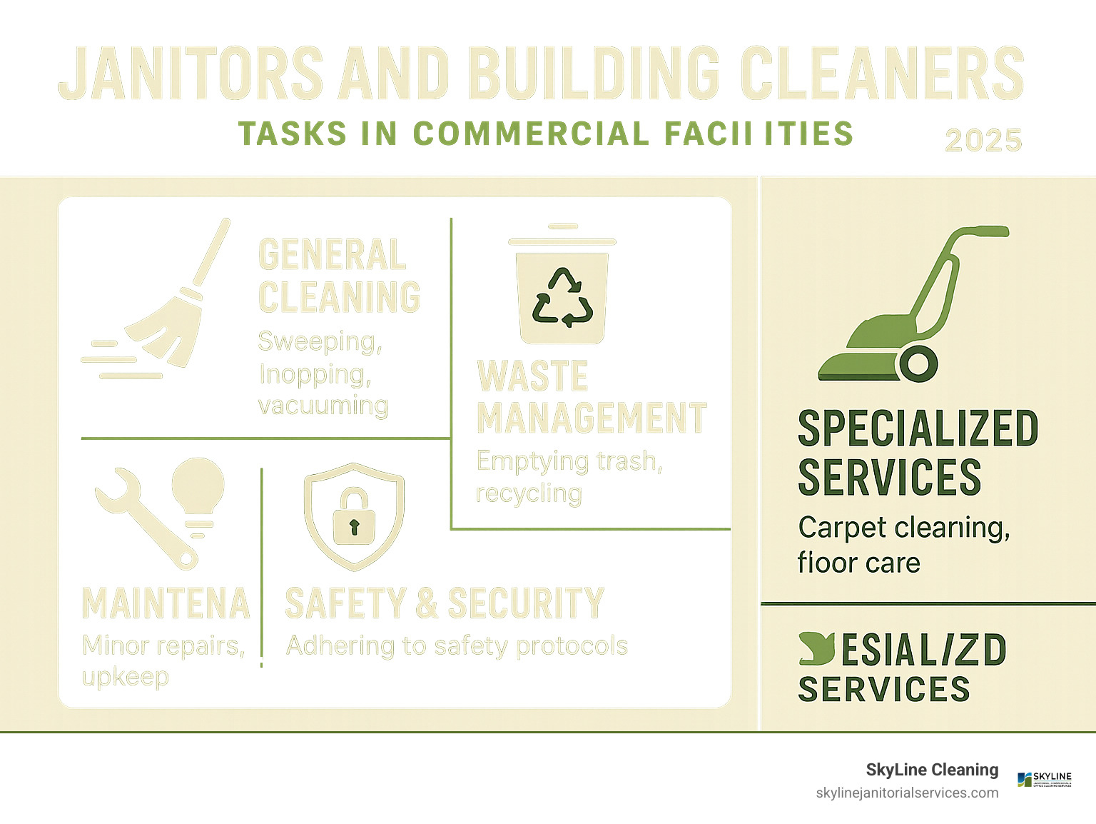 Comprehensive breakdown of janitor and building cleaner daily responsibilities including cleaning tasks, maintenance duties, safety protocols, and specialized services required in commercial facilities - janitors and building cleaners infographic 