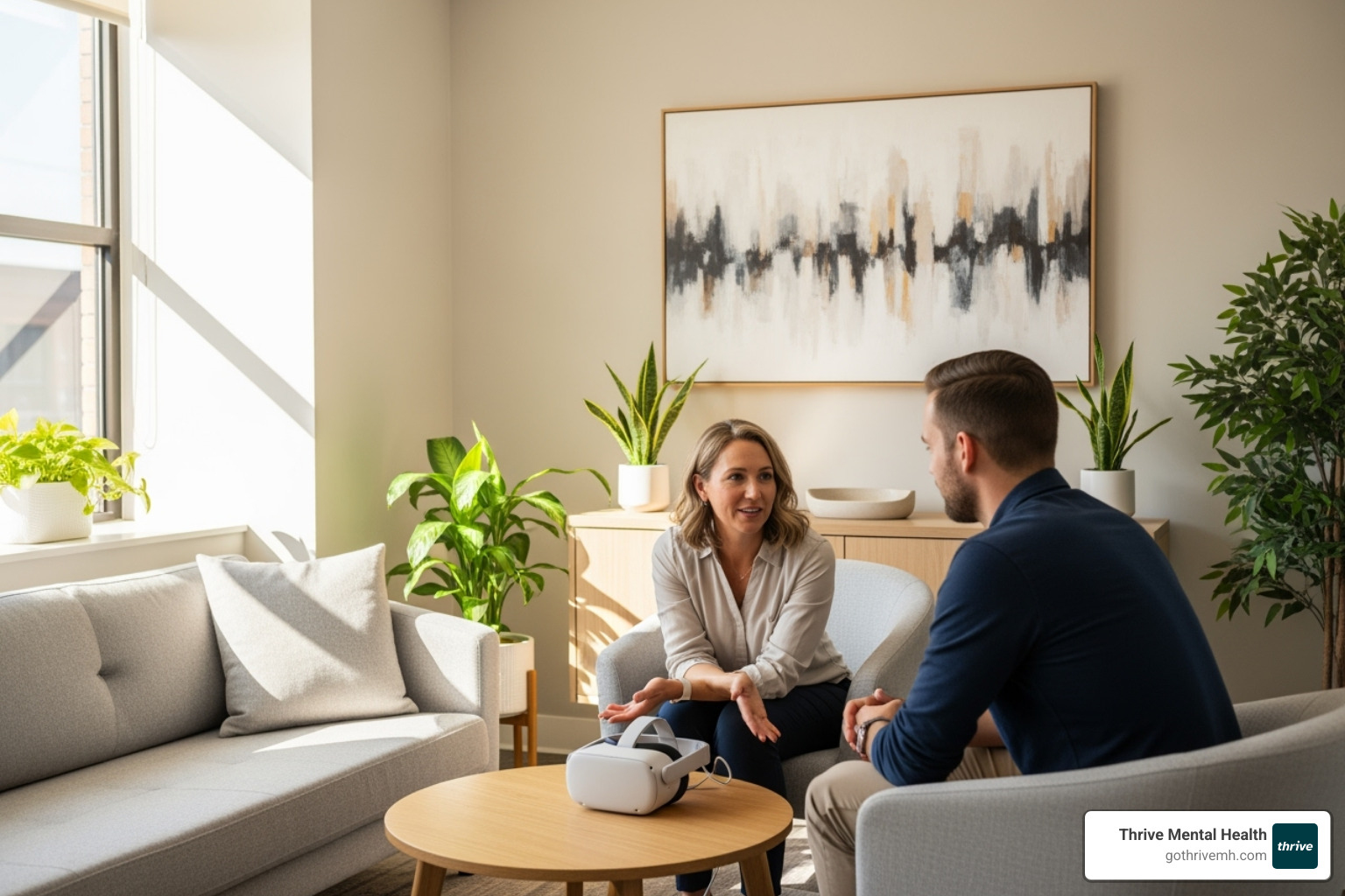Therapist and patient discussing a VR session, with the headset on a table between them. - virtual reality therapy florida Therapist and patient discussing a VR session, with the headset on a table between them. - virtual reality therapy florida