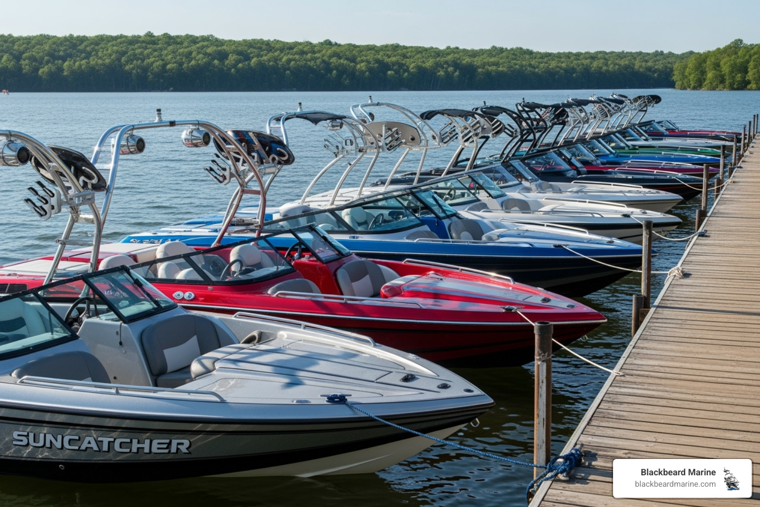 a lineup of Suncatcher, Lowe, and G3 surf-capable boats at a dock - Best surf boats 2023