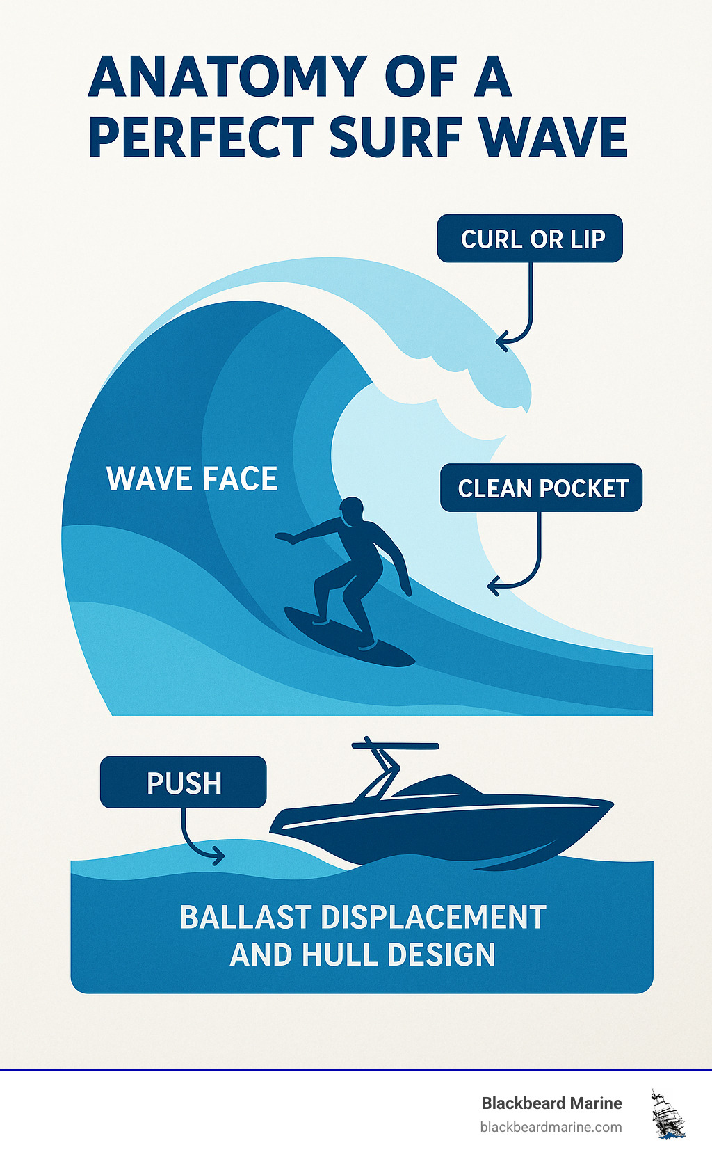 Infographic showing the anatomy of a perfect surf wave, including the wave face where riders surf, the clean pocket of water behind the boat, the curl or lip at the top of the wave, and the push generated by ballast displacement and hull design - Best surf boats 2023 infographic 
