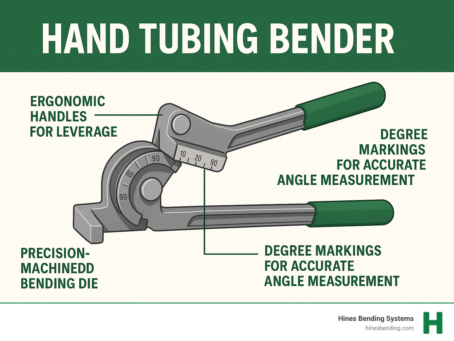 Infographic showing the anatomy of a hand tubing bender with labeled components: ergonomic handles for leverage, precision-machined bending die, tube clamp mechanism, and degree markings for accurate angle measurement - hand tubing benders infographic 