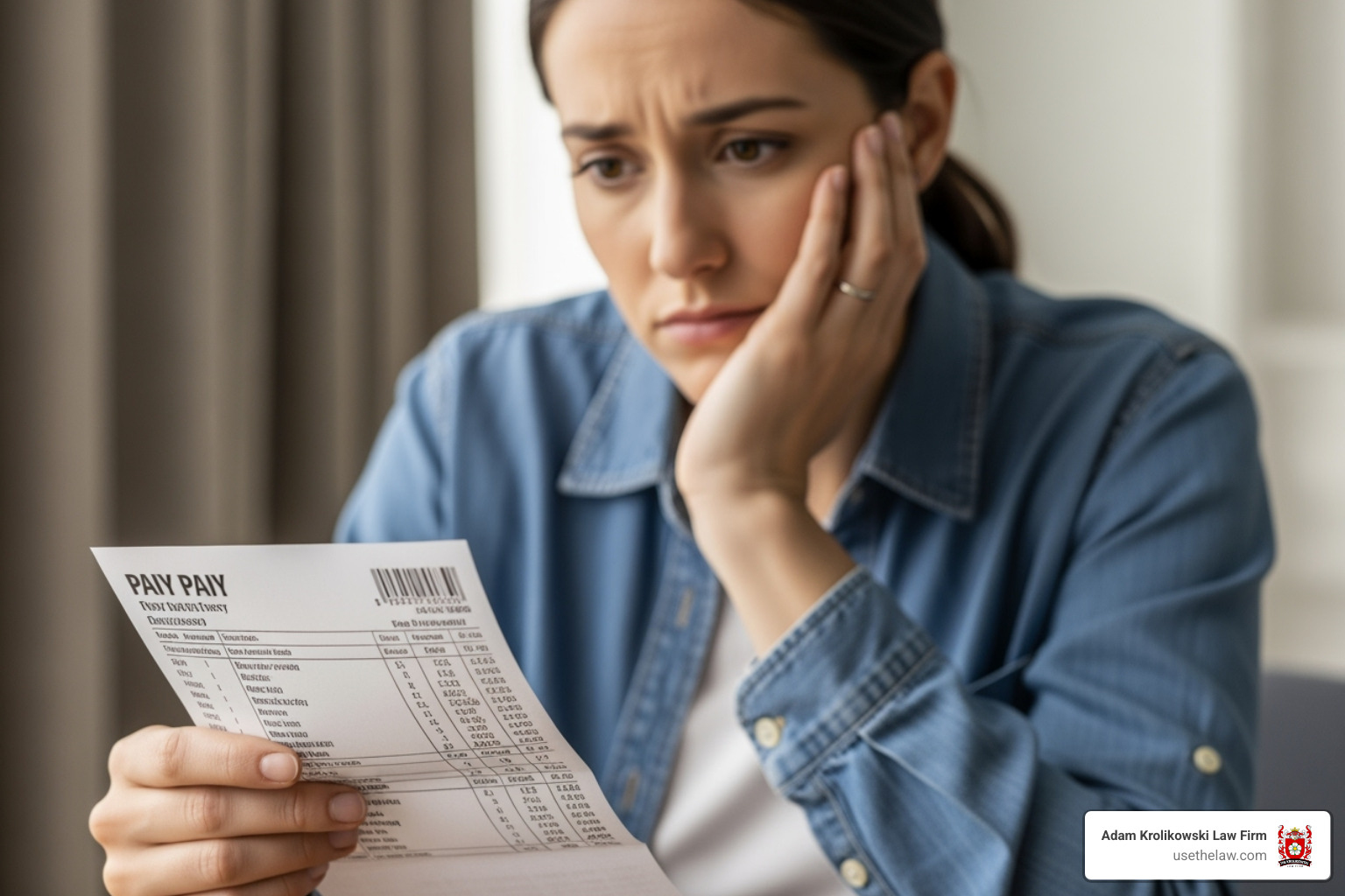A person looking concerned while reviewing a pay stub, highlighting potential wage discrepancies - labor lawyer california A person looking concerned while reviewing a pay stub, highlighting potential wage discrepancies - labor lawyer california