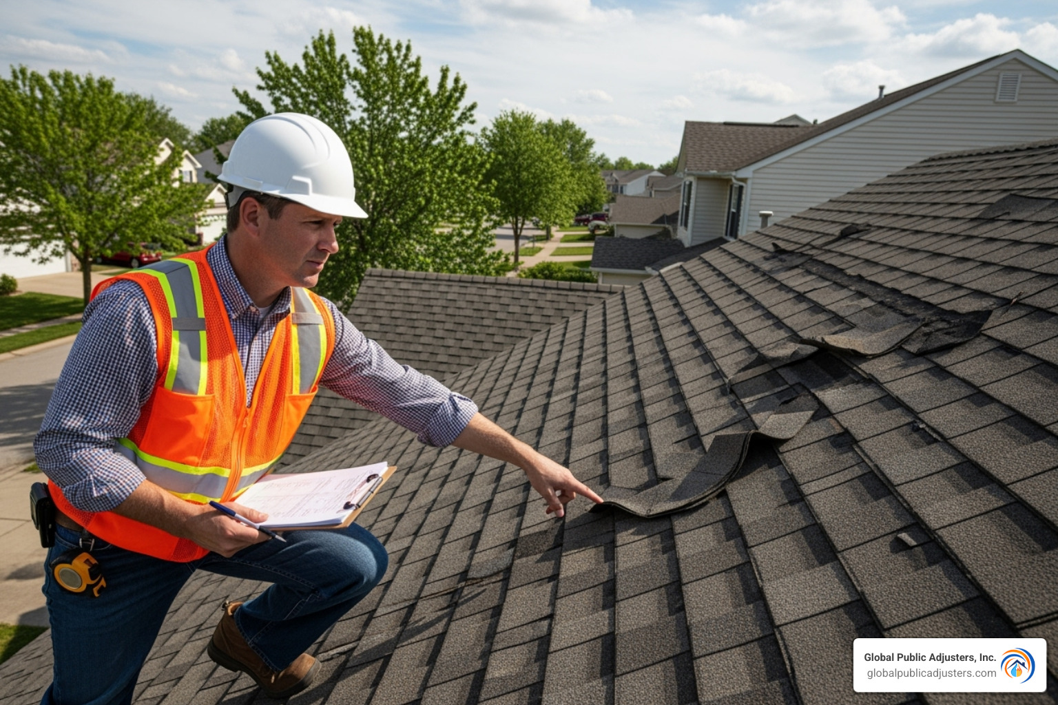 claims adjuster inspecting damaged roof - insurance payout for hail damage