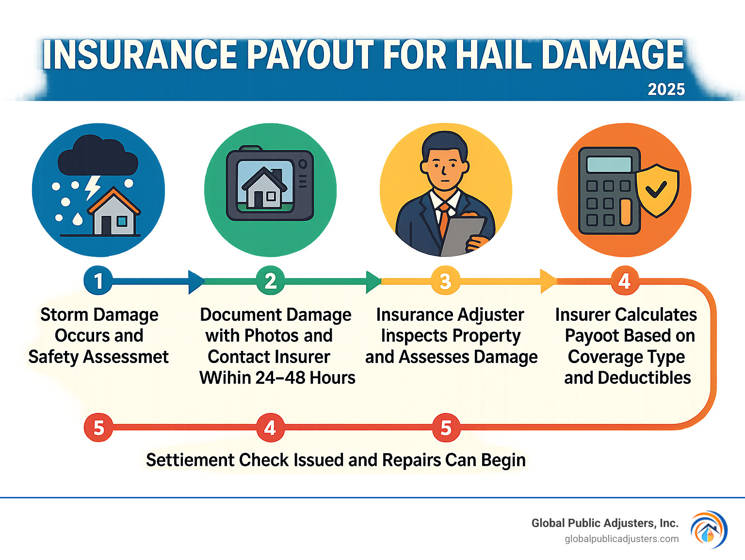 Infographic showing the 5 key stages of hail damage claims: 1) Storm damage occurs and safety assessment, 2) Document damage with photos and contact insurer within 24-48 hours, 3) Insurance adjuster inspects property and assesses damage, 4) Insurer calculates payout based on coverage type and deductibles, 5) Settlement check issued and repairs can begin - insurance payout for hail damage infographic 