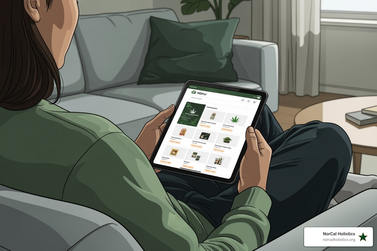 person relaxing on couch browsing cannabis menu on tablet - marijuana delivery Sacramento