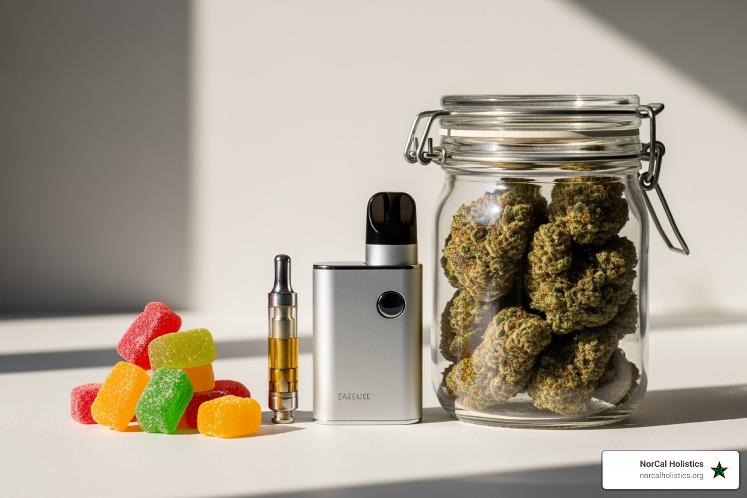 curated selection of cannabis products like gummies, a vape cartridge, and a jar of flower - marijuana delivery Sacramento