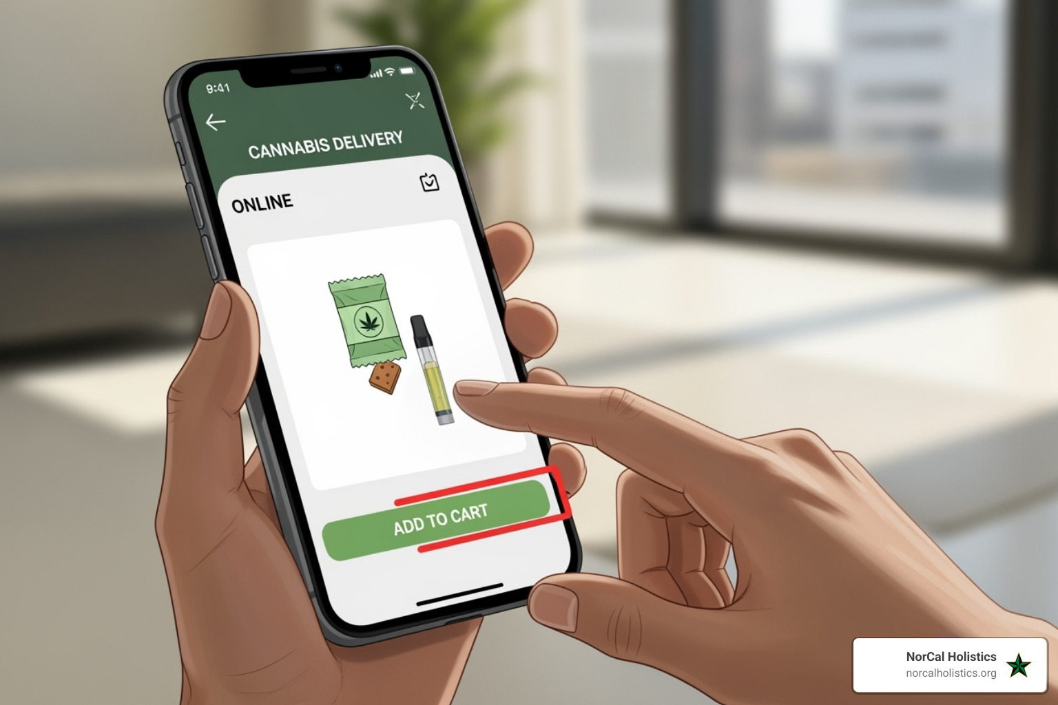 smartphone screen showing a cannabis product being added to a cart - marijuana delivery Sacramento