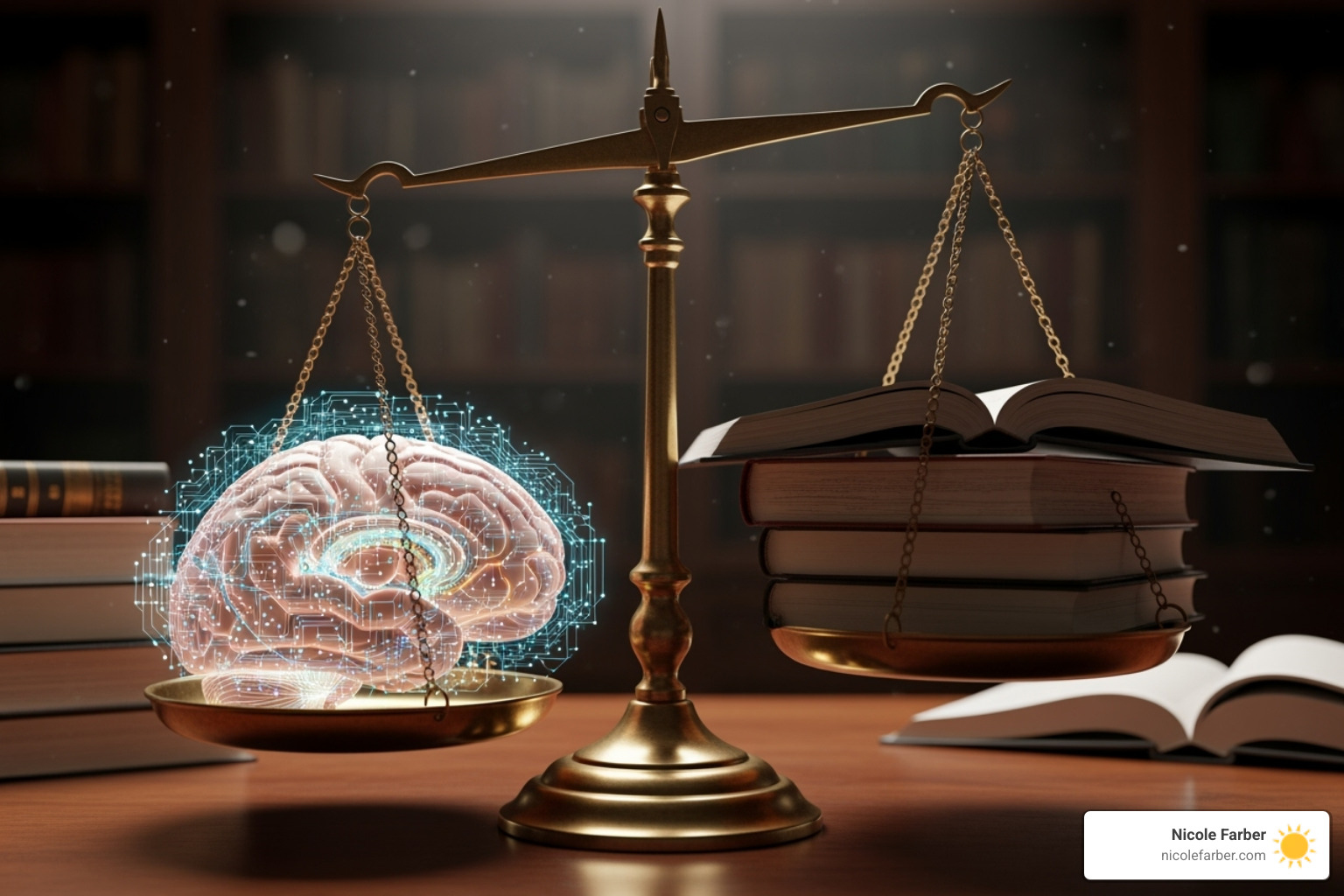 Brain graphic with AI and circuit elements intertwined with a legal scale - SEO speaker for law firms available for events in United States