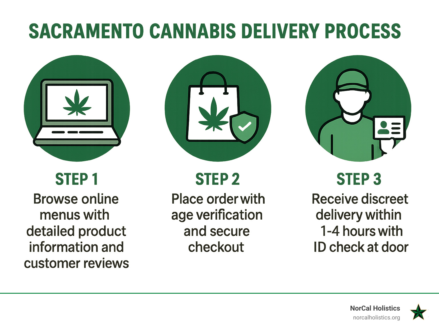 Sacramento Cannabis Delivery Process: Step 1 - Browse online menus with detailed product information and customer reviews. Step 2 - Place order with age verification and secure checkout. Step 3 - Receive discreet delivery within 1-4 hours with ID check at door - marijuana delivery Sacramento infographic 