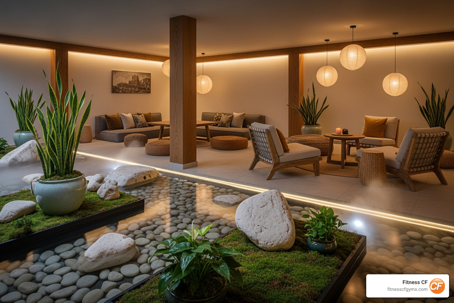 Serene relaxation area with natural elements, dim lighting, and comfortable seating - mount dora wellness center