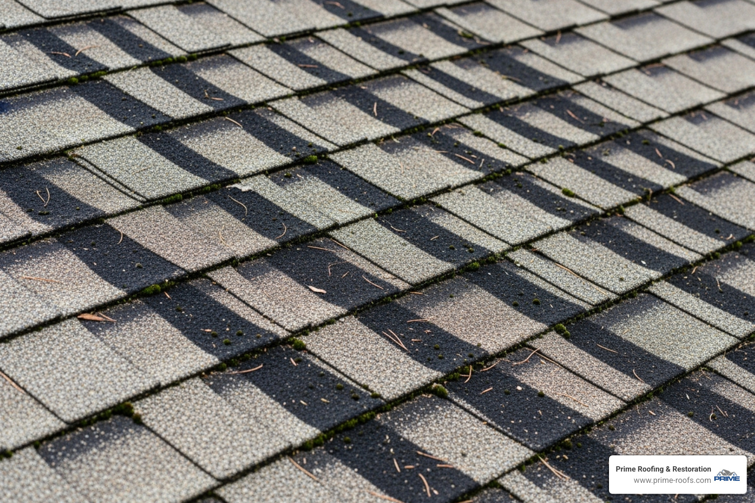 image of dark algae streaks (gloeocapsa magma) on light-colored asphalt shingles. - Roof repair Gulf Shores image of dark algae streaks (gloeocapsa magma) on light-colored asphalt shingles. - Roof repair Gulf Shores