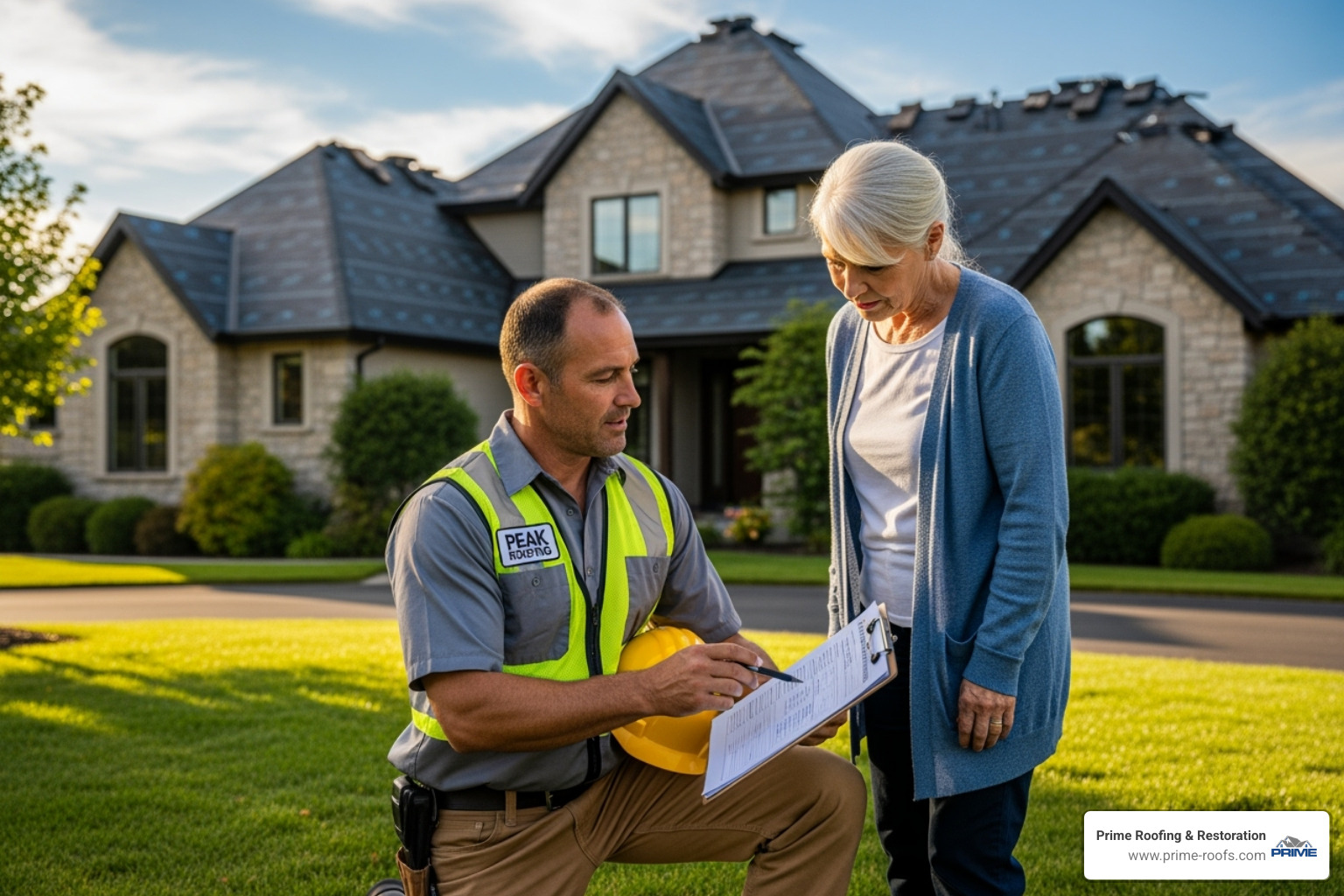 image of a professional roofer in safety gear providing a written estimate to a homeowner. - Roof repair Gulf Shores image of a professional roofer in safety gear providing a written estimate to a homeowner. - Roof repair Gulf Shores