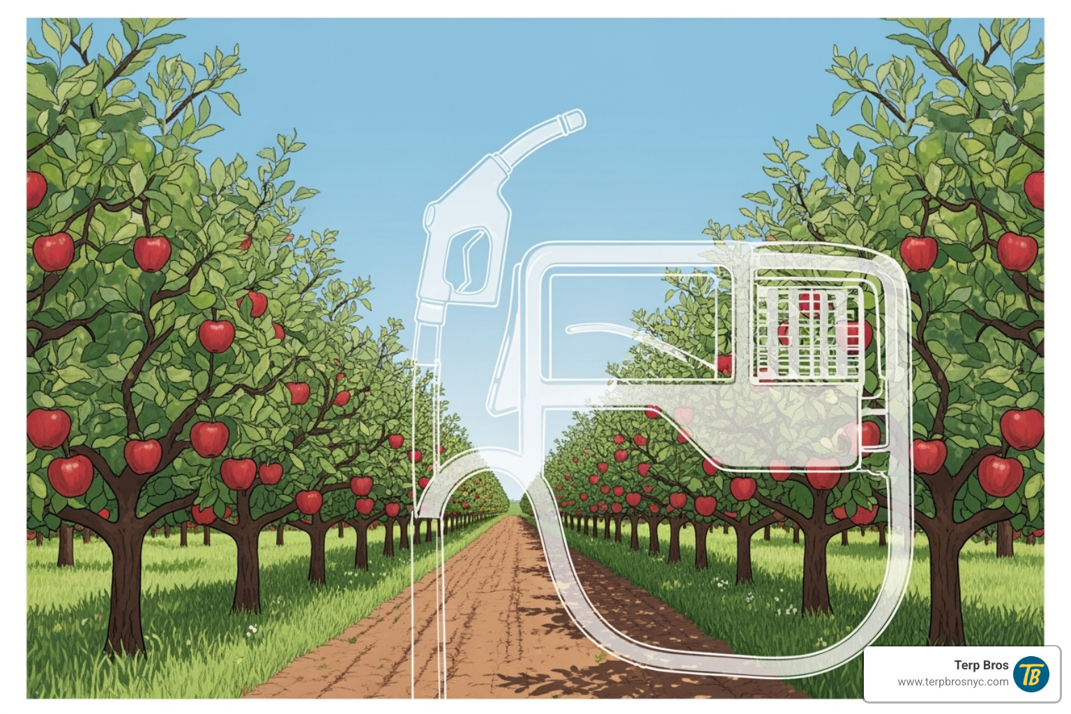 Artistic representation of an apple orchard with subtle hints of fuel, symbolizing the strain's flavor. Alt text: "Apple orchard with gas pump, representing Apple Bomb's sweet and gassy aroma." - apple bomb strain