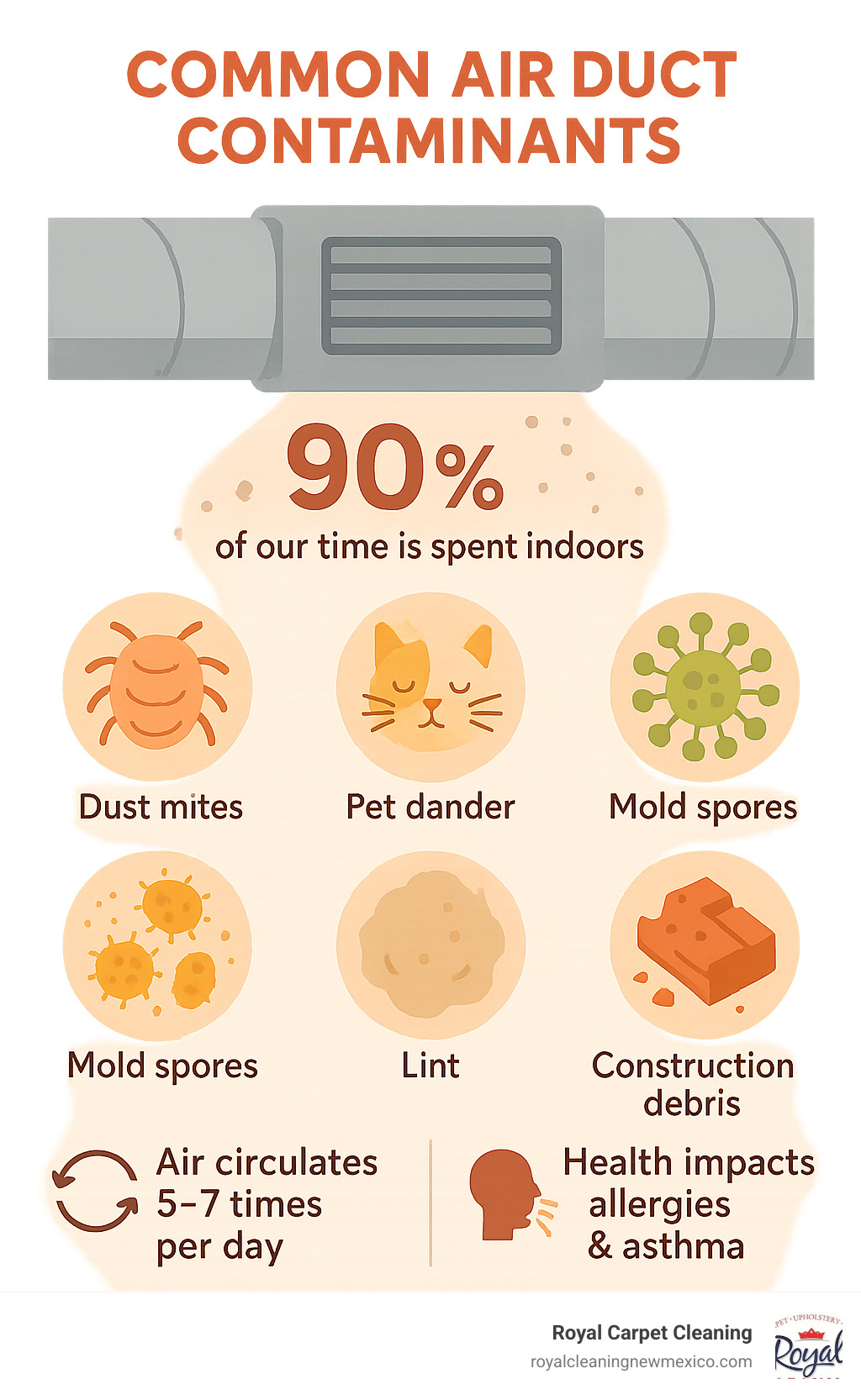 Detailed infographic showing common air duct contaminants including dust mites, pet dander, pollen, mold spores, bacteria, lint, and construction debris, with statistics on indoor air circulation and health impacts - professional air duct cleaning infographic 