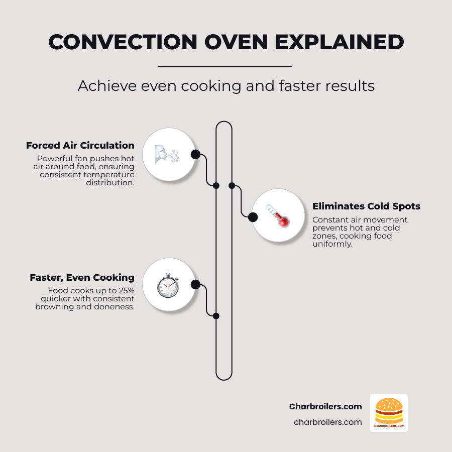 Infographic showing convection fan system with arrows indicating hot air circulation around food items on multiple rack levels, highlighting even heat distribution and 25% faster cooking times - full size commercial countertop convection oven infographic infographic-line-3-steps-neat_beige