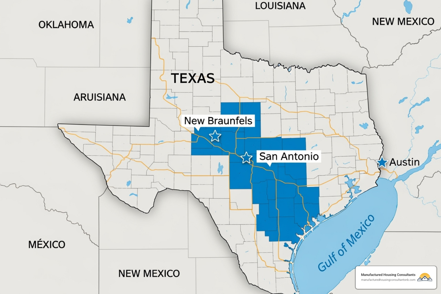 Map of Texas highlighting New Braunfels and San Antonio - repo mobile homes with land