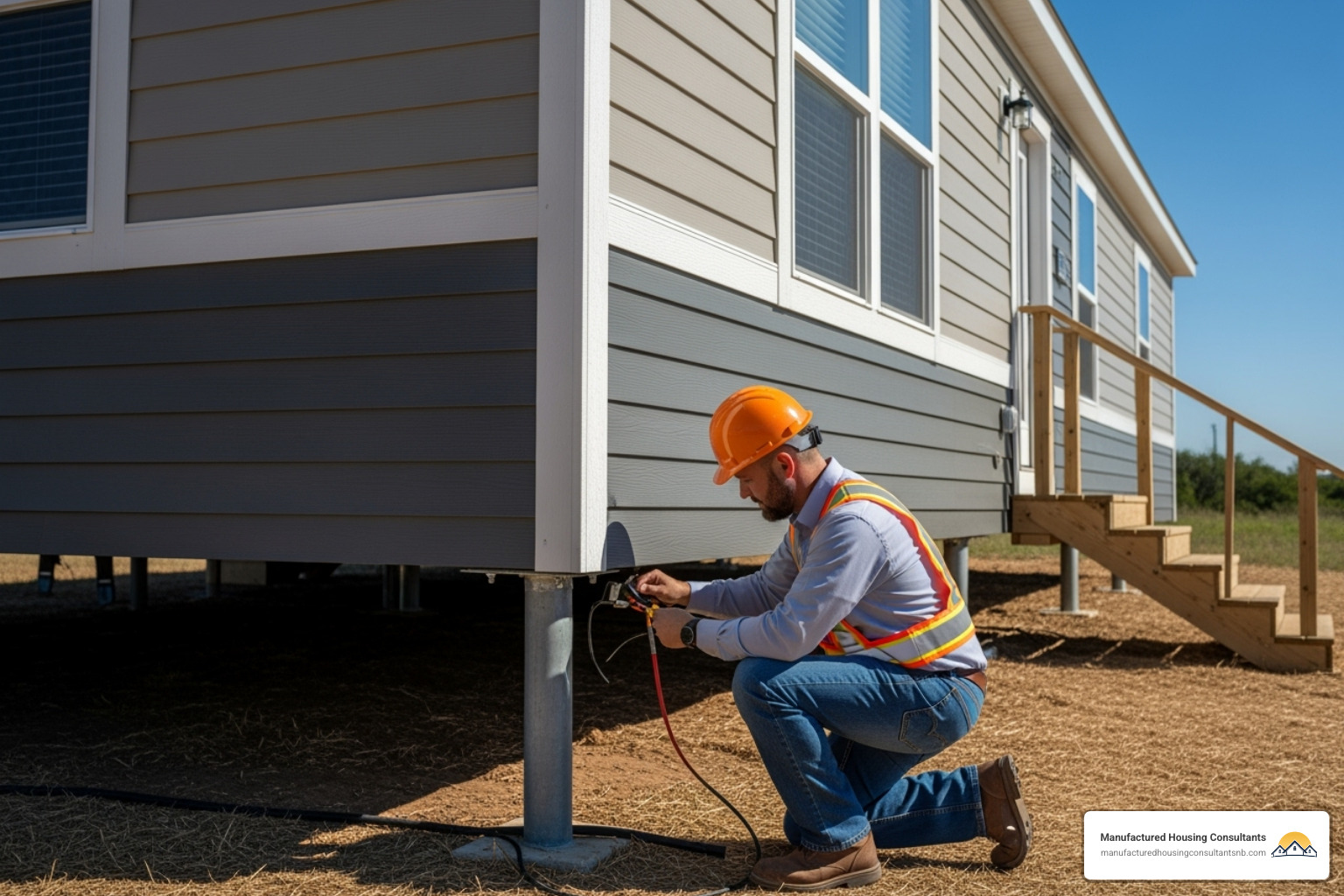 Professional inspecting the foundation of a manufactured home - repo mobile homes with land
