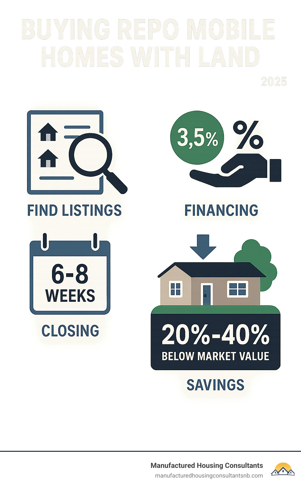 Infographic showing the complete process of buying repo mobile homes with land, including finding listings, financing options with down payments as low as 3.5%, typical 6-8 week closing timeline, and potential savings of 20-40% below market value - repo mobile homes with land infographic 