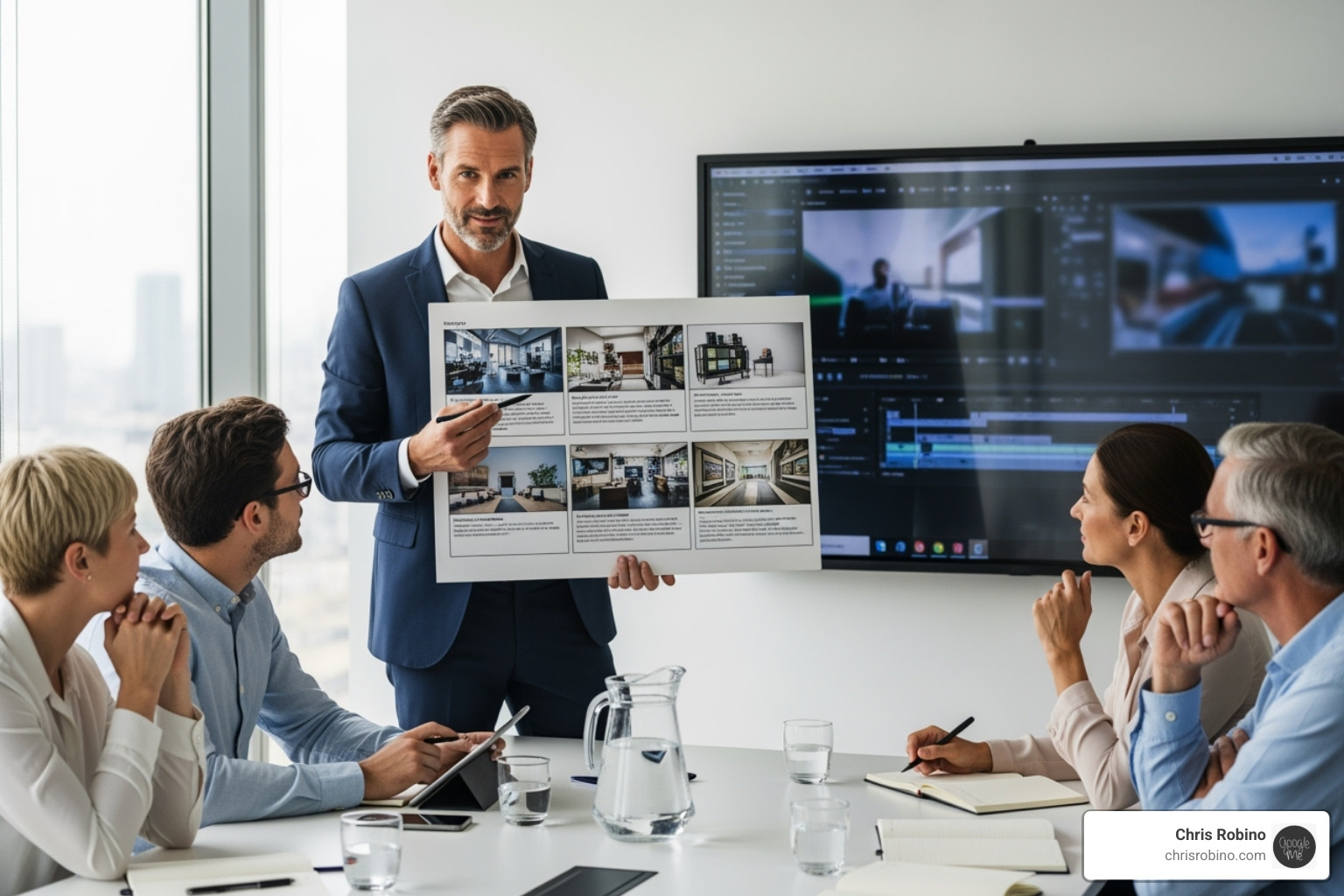 image of a consultant presenting a video storyboard to a business team - video marketing consultant