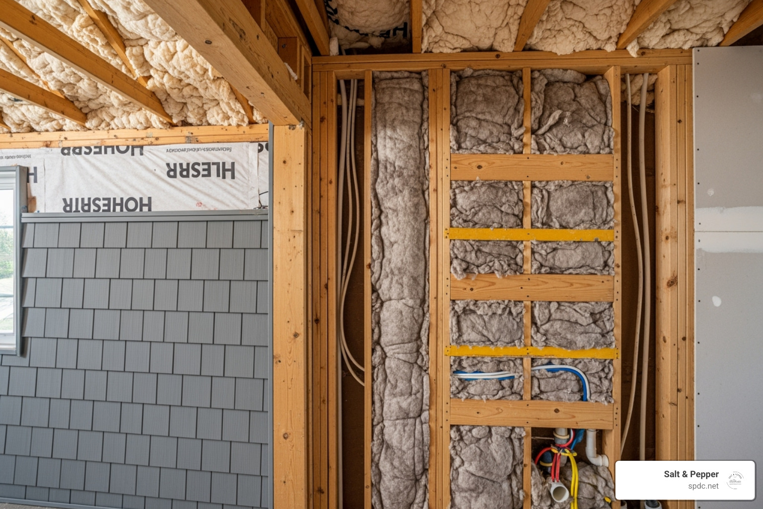 Interior shot of a home showing a cross-section of a well-insulated attic and wall - environmentally friendly home ideas