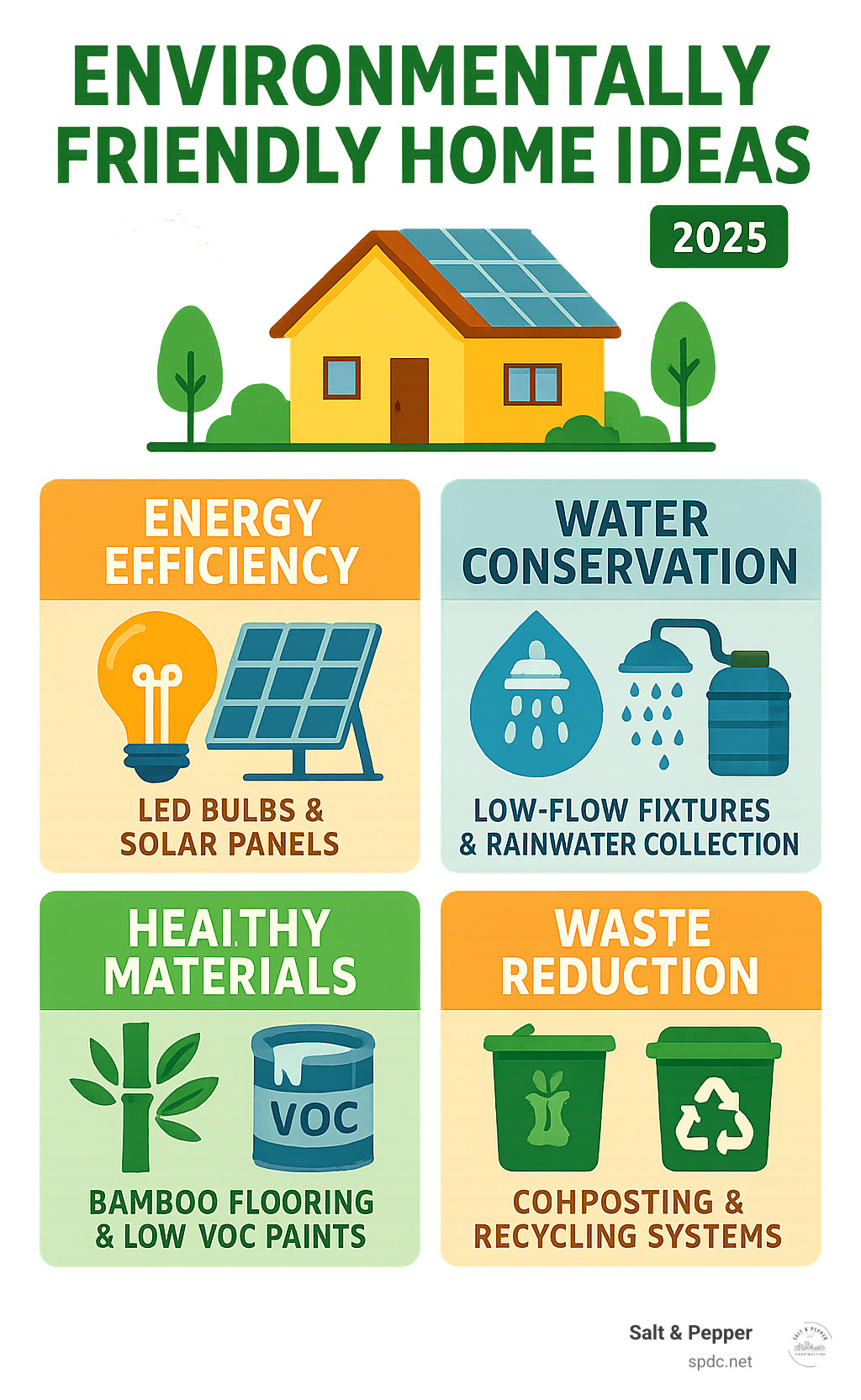 Infographic showing the four core pillars of sustainable homes: Energy Efficiency with LED bulbs and solar panels, Water Conservation with low-flow fixtures and rainwater collection, Healthy Materials featuring bamboo flooring and low-VOC paints, and Waste Reduction through composting and recycling systems - environmentally friendly home ideas infographic 