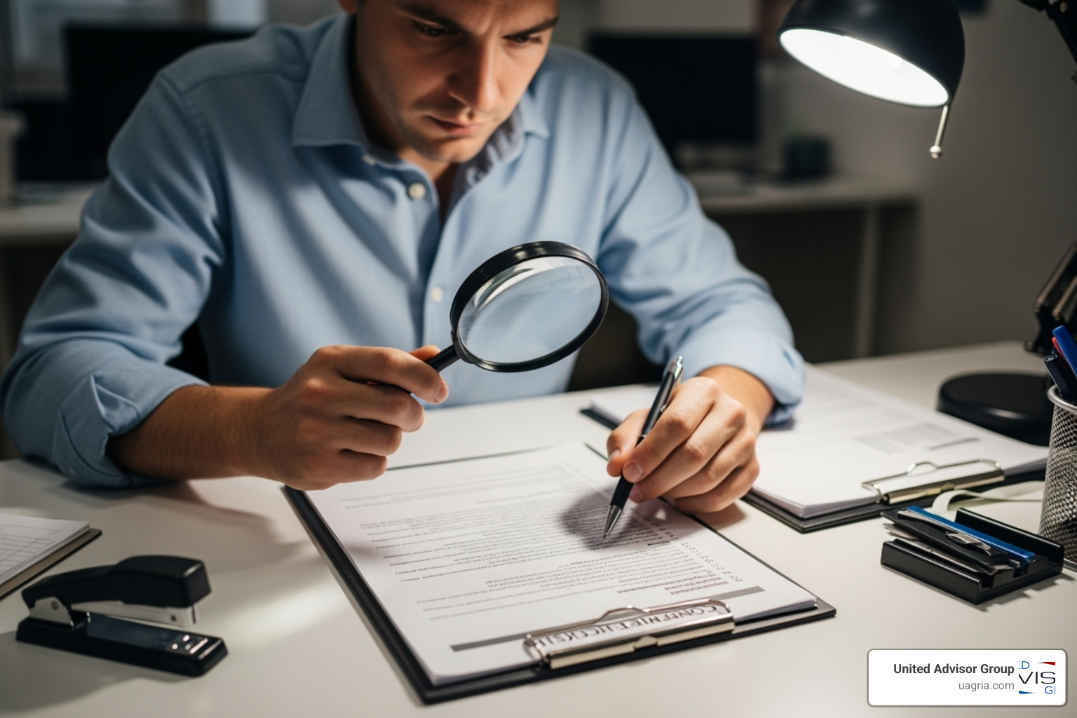 A person reviewing a compliance checklist with a magnifying glass, emphasizing attention to detail - Independent advisor solutions