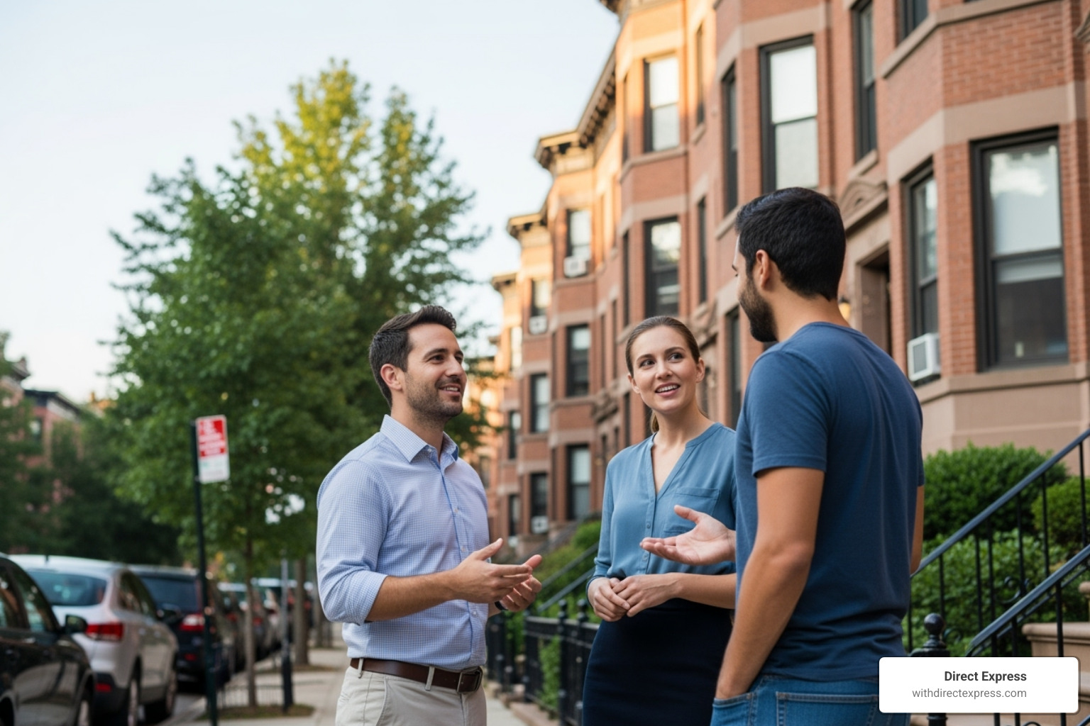 property manager talking with a tenant outside a building - property management company reviews