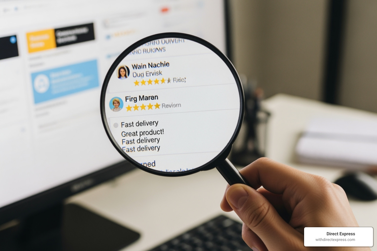 magnifying glass over a computer screen showing online reviews - property management company reviews