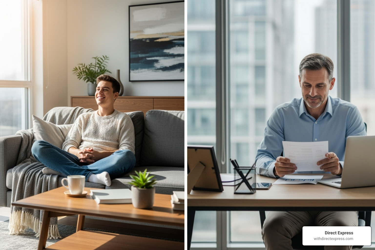 split screen showing a happy tenant in an apartment and a relaxed property owner - property management company reviews