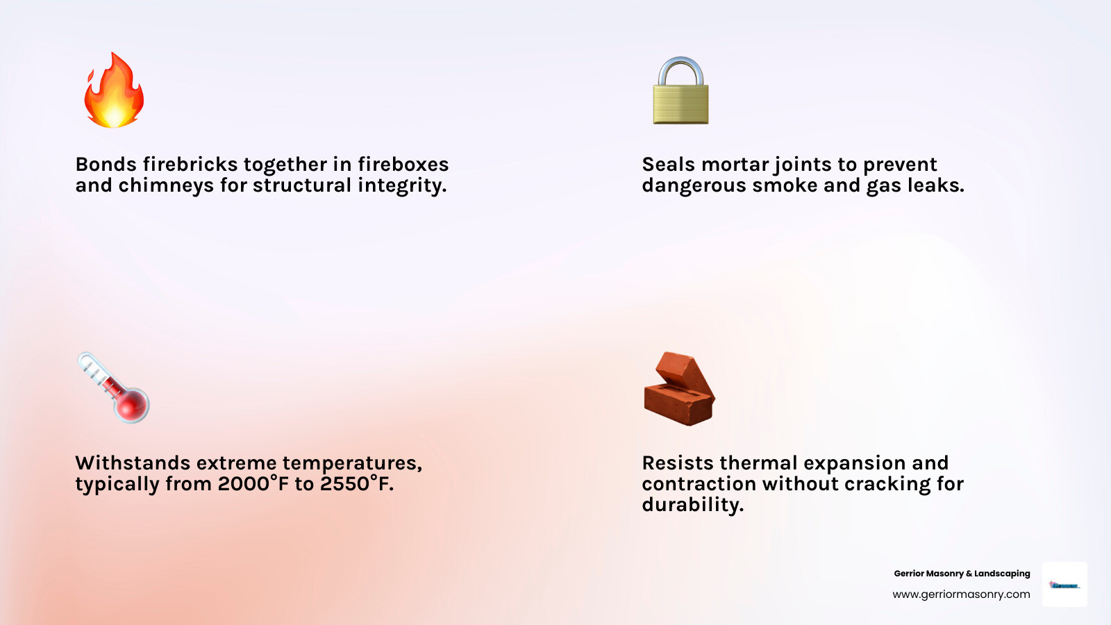 Detailed infographic showing fireplace anatomy with labeled components: firebox lined with firebrick and fireplace mortar joints, smoke chamber with refractory mortar coating, flue tiles sealed with high-temperature mortar, and chimney crown with weather-resistant mortar - highlighting where different types of fireplace mortar are used throughout the system - fireplace mortar infographic 4_facts_emoji_light-gradient