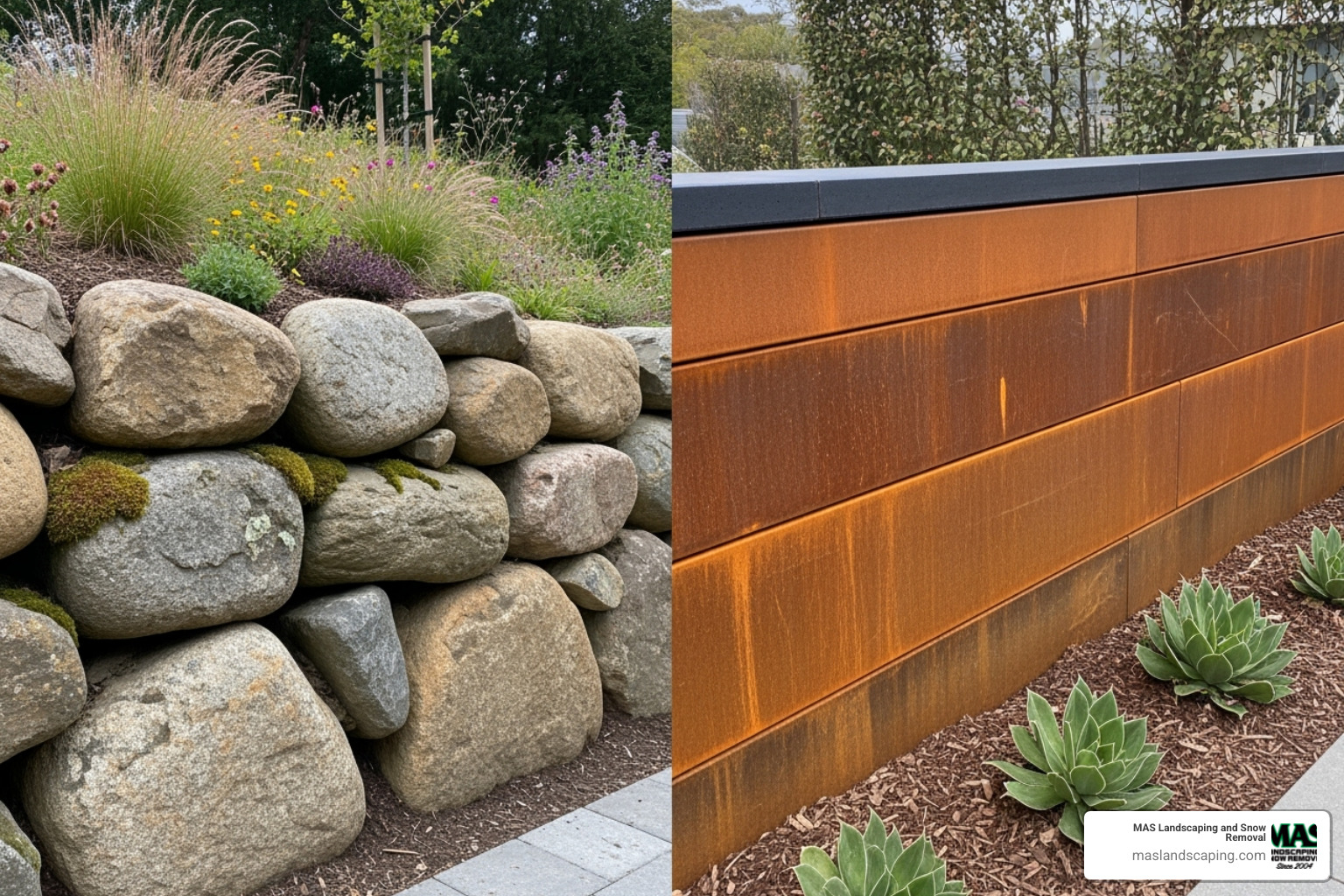 split-screen showing a rustic, natural boulder wall on one side and a sleek, modern Corten steel wall on the other - landscaping ideas for retaining walls