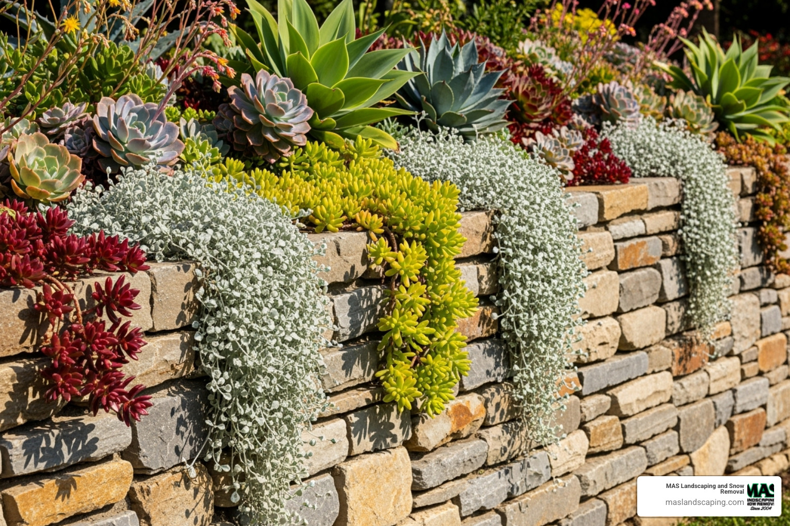 stone retaining wall with vibrant, sun-loving succulents and cascading silver falls dichondra spilling over the edges - landscaping ideas for retaining walls