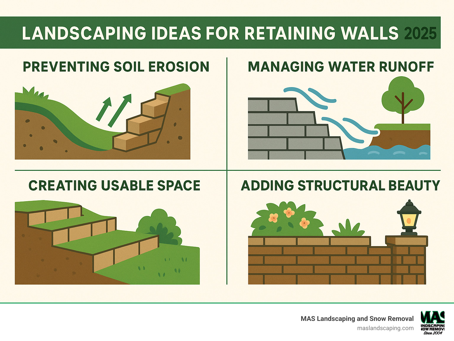 Infographic showing the four primary functions of retaining walls: preventing soil erosion with arrows showing soil stability, managing water runoff with blue flow lines, creating usable flat terraced spaces from slopes, and adding structural beauty with decorative elements like plants and lighting - landscaping ideas for retaining walls infographic 