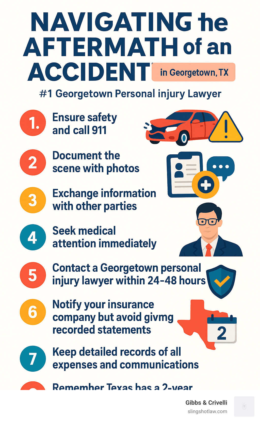 Infographic explaining the immediate steps to take after an accident in Texas: 1. Ensure safety and call 911, 2. Document the scene with photos, 3. Exchange information with other parties, 4. Seek medical attention immediately, 5. Contact a Georgetown personal injury lawyer within 24-48 hours, 6. Notify your insurance company but avoid giving recorded statements, 7. Keep detailed records of all expenses and communications, 8. Remember Texas has a 2-year statute of limitations for most personal injury claims - georgetown personal injury lawyer infographic 