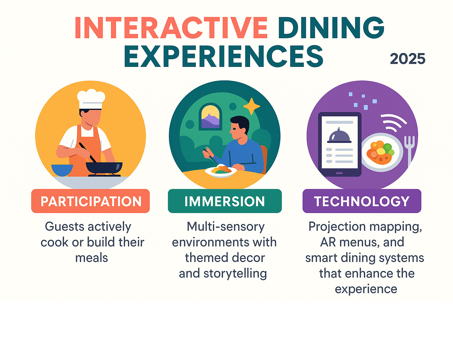 Infographic showing the three key pillars of interactive dining experiences: Participation (guests actively cook or build their meals), Immersion (multi-sensory environments with themed decor and storytelling), and Technology (projection mapping, AR menus, and smart dining systems that improve the experience) - Interactive dining experiences infographic 