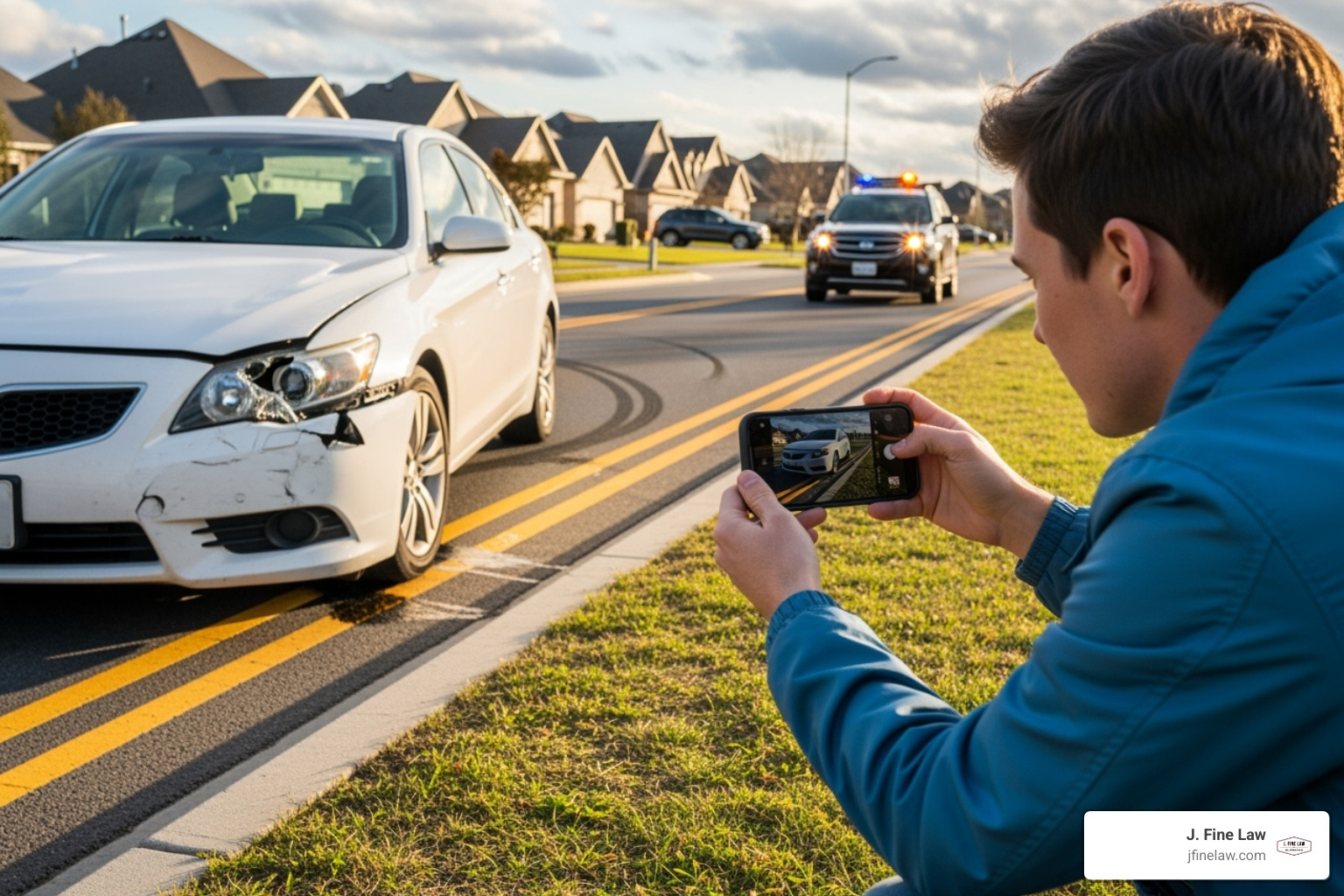 A person taking a photo of car damage with their smartphone at the scene of an accident - car crash compensation attorney