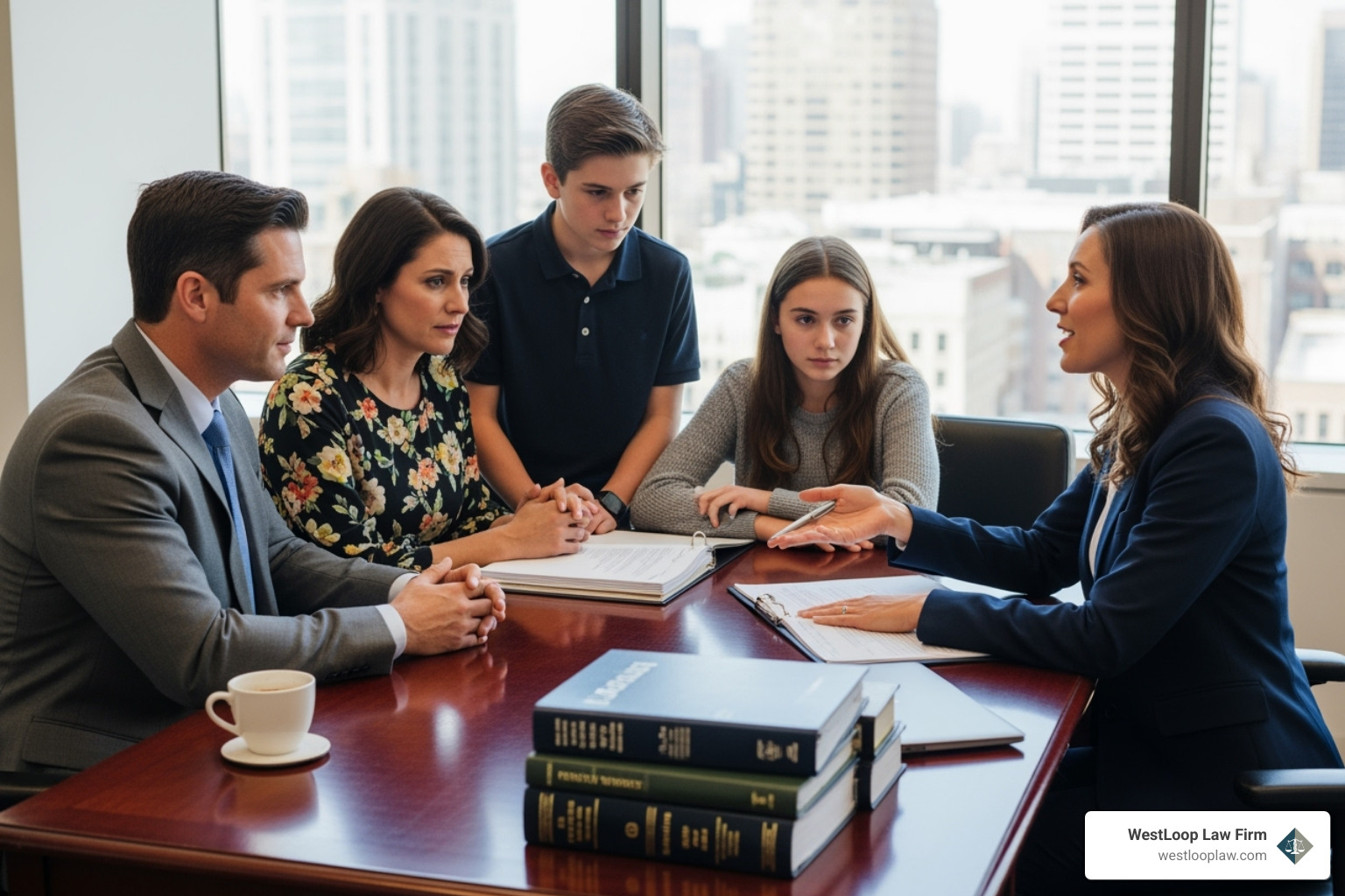 family meeting with an attorney in a professional office setting - wrongful death law firm